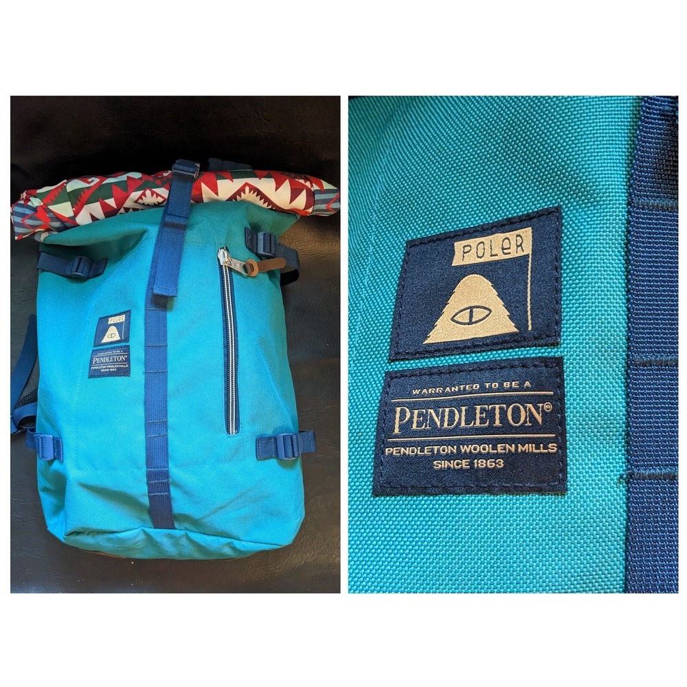 Poler x Pendleton Rolltop Backpack Teal Southwestern Geometric Hiking Bag